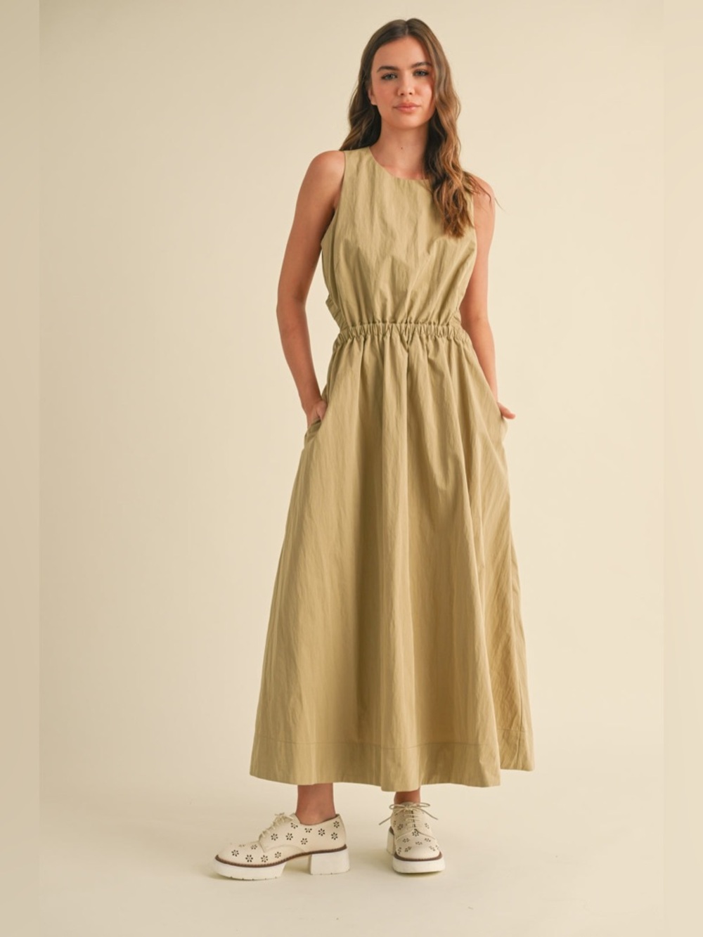 Miou Muse Willow Dress Small Sleeveless Midi Open Back Elastic Waist